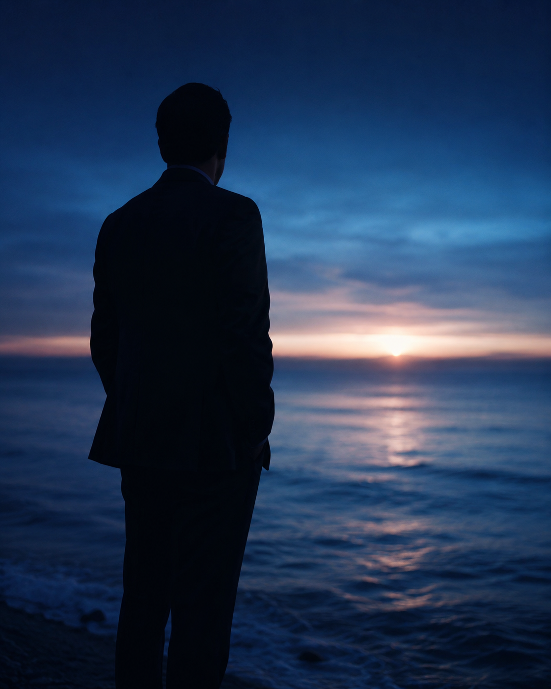 Figura em silêncio observando o horizonte ao entardecer — imagem associada à pausa antes da clareza